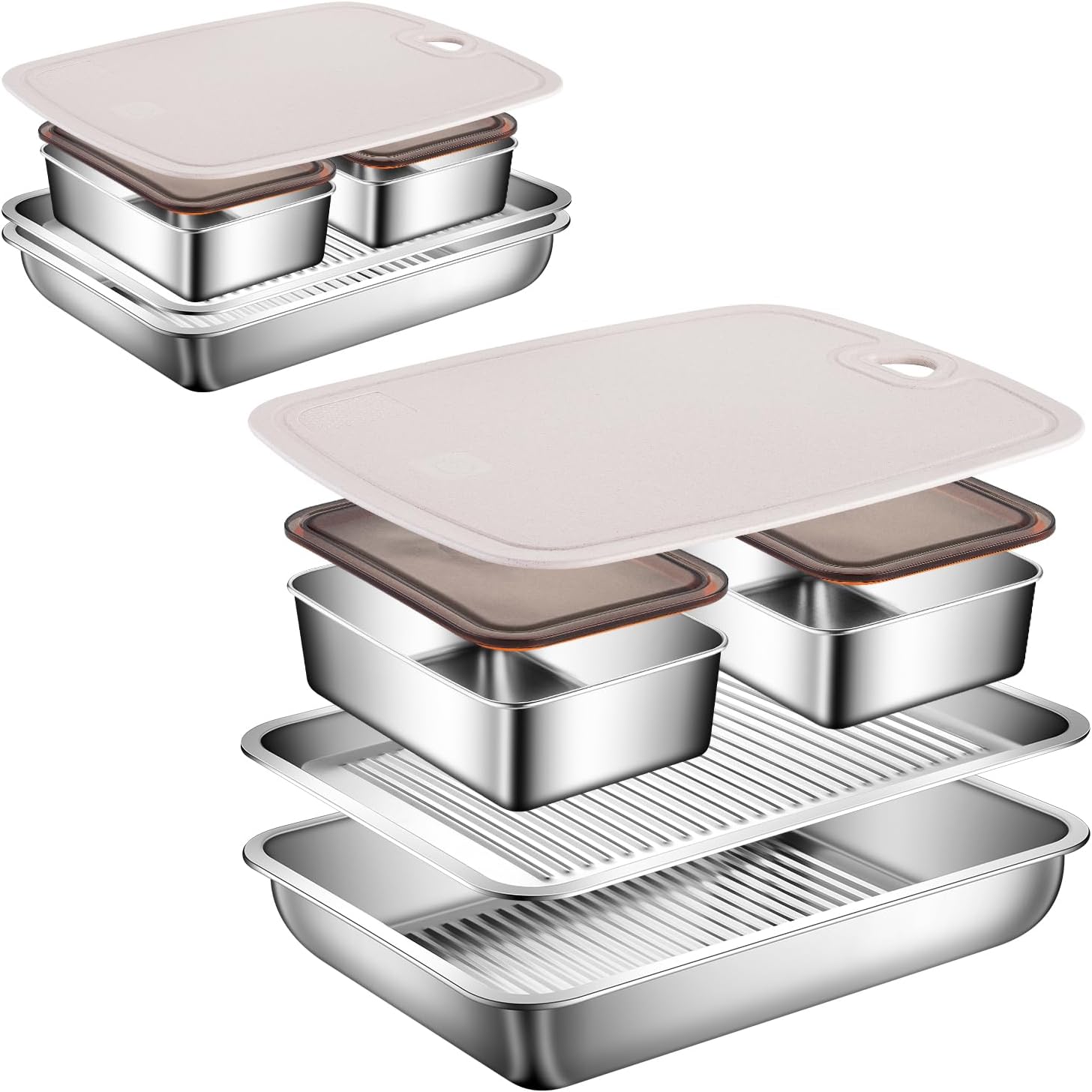 2-Set Drip EZ BBQ and Meal Prep Tub, Grill Carry System, Grill Prep Tray for Serving, Meat Platter with Cutting Board for Outdoor Grill, Marinating Container with Lid, Stainless Steel