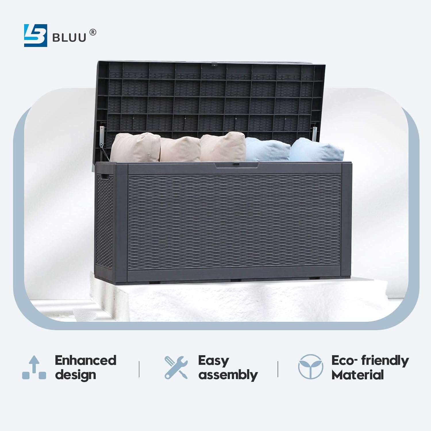 BLUU 100 Gallon Outdoor Deck Box with Cushion for Outdoor Pillows, Pool Toys, Garden Tools, Furniture and Sports Equipment| Waterproof Cabinet | Black | Lock Included : Patio, Lawn & Garden