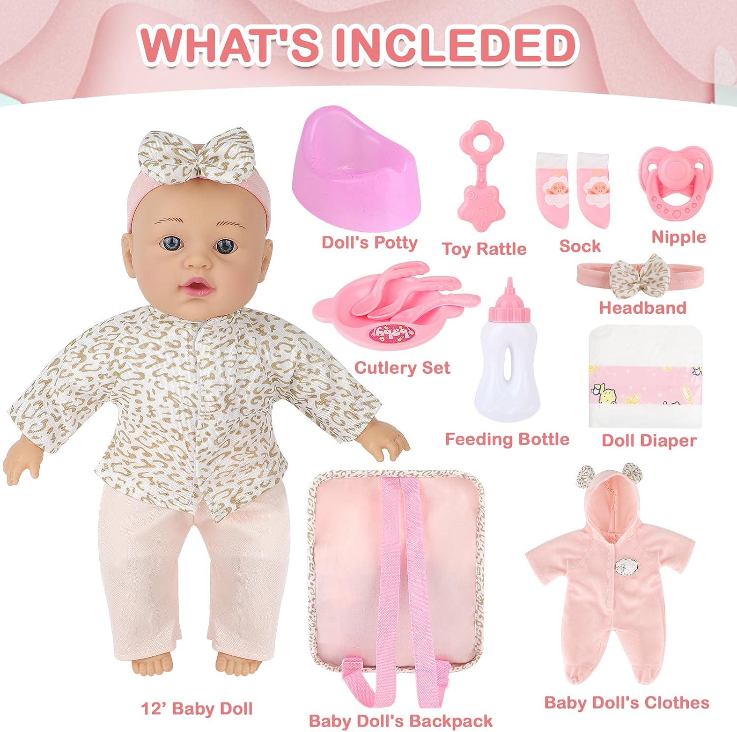 deAO 12 Inch Baby Doll with Backpack Carrier Playset 14 Pcs Soft Baby Doll with Bottle Clothes and Accessories Baby Dolls Set Toy for Toddler