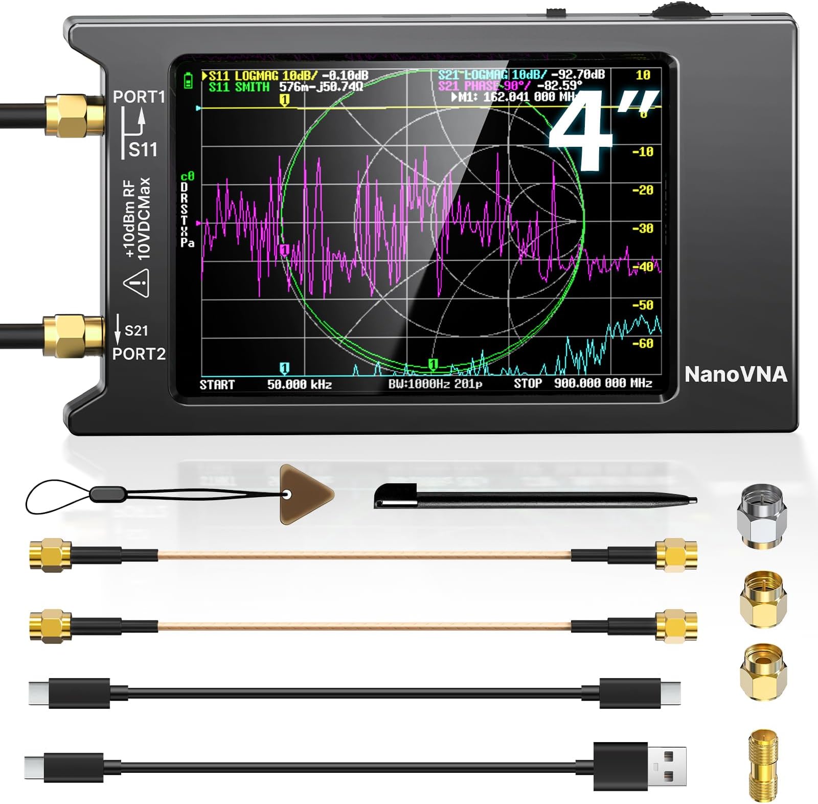 Upgraded NanoVNA H4 Vector Network Analyzer, Latest V4.4 9kHz-1.5GHz Antenna Analyzer, 4" Touch Screen, Measuring S-Parameter SWR Smith Chart TDR, Portable RF Tester for Ham Radio, Engineers