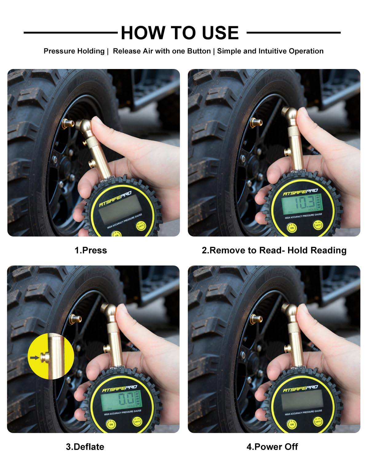 Digital Tire Pressure Gauge for Low Pressure Tires - 0-15 PSI ±0.5% Accuracy, Backlit LCD with 4 Units & Battery Indicator, 360° Swivel Head for Schrader Valve, Fit for ATVs, UTVs, Golf Carts