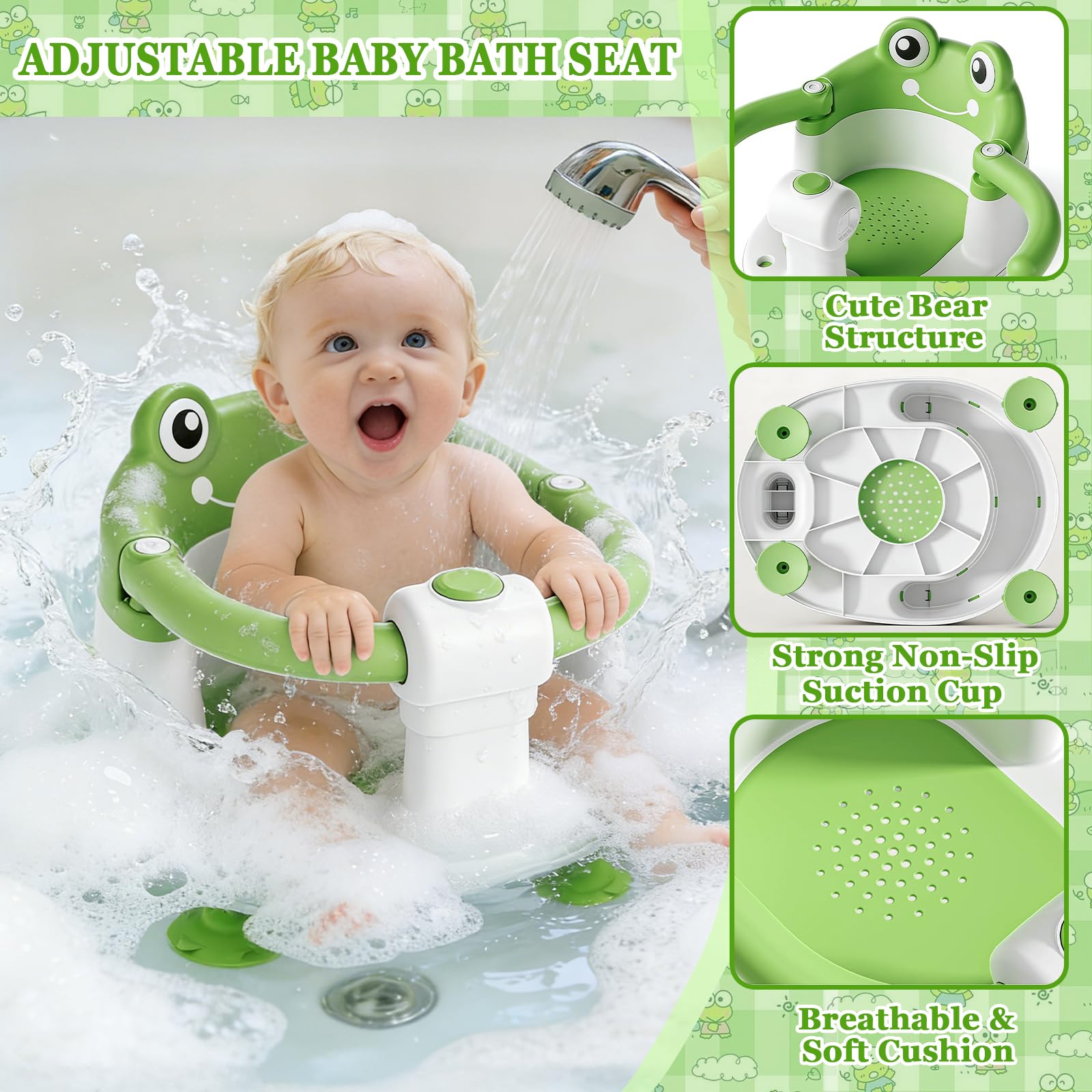 Seggiolino Doccia Bimbo,Bambino Seggiolino da Bagno,Seggiolino Vasca da Bagno Bambino,Seggiolino da Bagno con 4 Ventose,per Bambini a Partire da 6 Mesi per Doccia o Vasca da Bagno - Verde