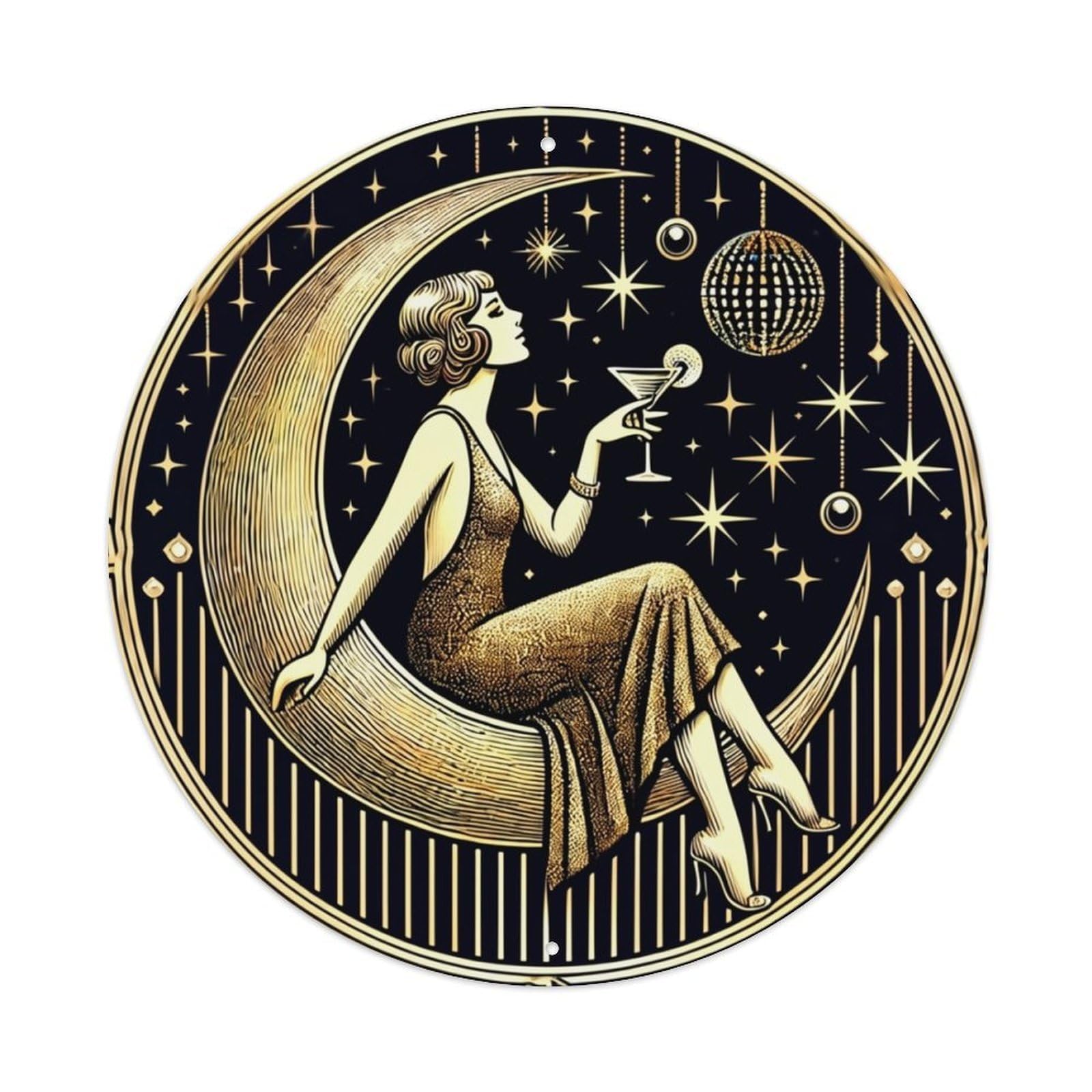 Moon Woman Cocktail Stars Night Retro Metal Sign Round Tin Sign, Vintage Decor Art Poster for Bar, Home, Man Cave, Kitchen, Laundry Room Gift 8x8Inch