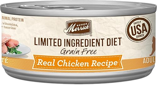 Miniatura 1 de Merrick Alimento húmedo para gatos con receta de pollo real sin granos, receta de ingredientes limitados, 5 onzas, latas de 24 unidades