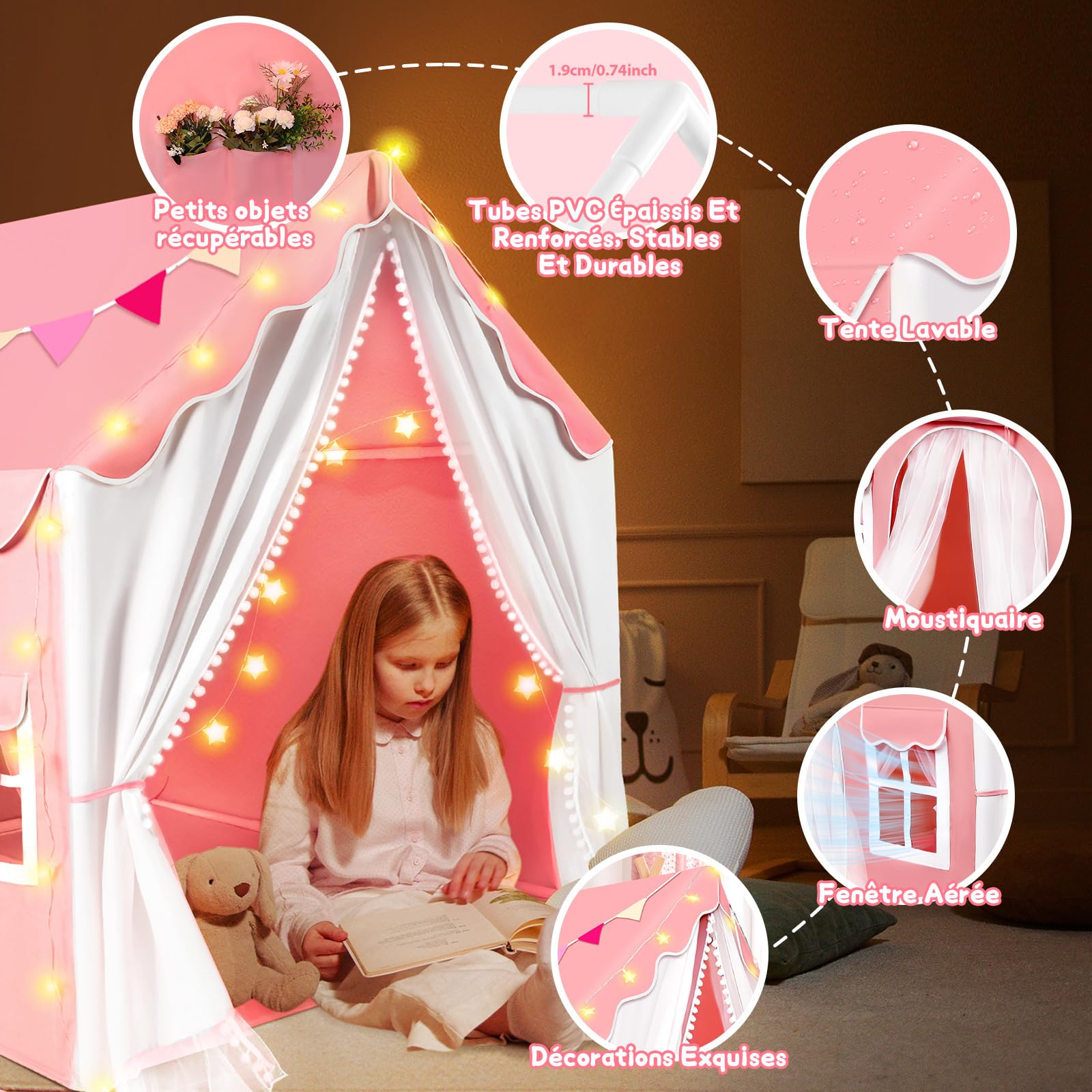 Herenear 2 en1 Tente Enfant Interieur, Cabane Enfant avec Lumières et Drapeaux, Tente de Lit Jeu, Idéal pour la Décoration de Chambre et Fête 120x100x127 CM (Rose)