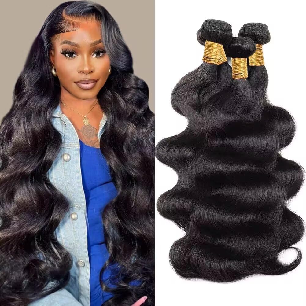 12A Human Hair Bundles 16 18 20 22 Inch Body Wave Bundles Human Hair 100% Unprocessed Brazilian Virgin Weave 4 Bundle for Women Natural Black Wavy Human Hair Extensions