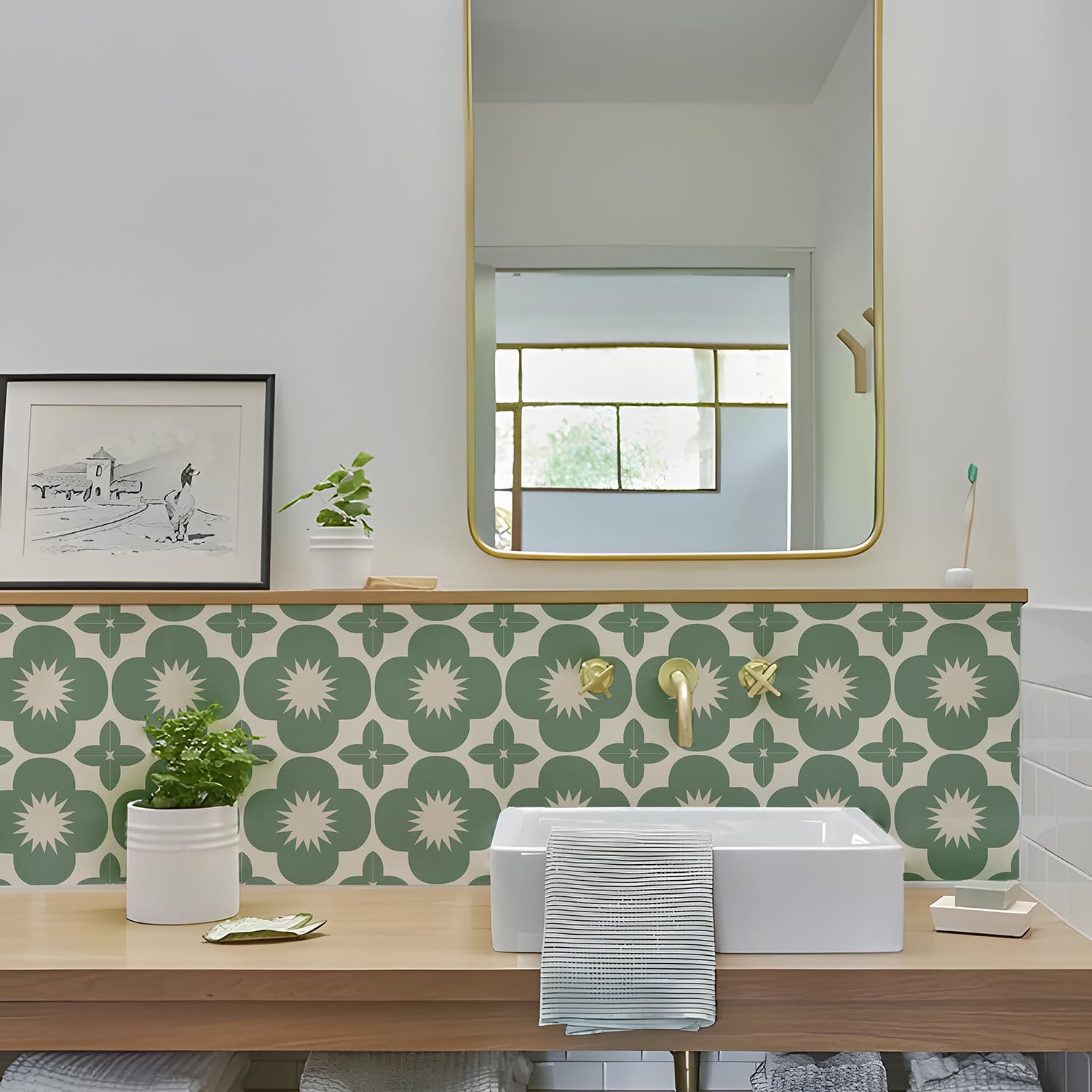 Alwayspon Tile Sticker, Sage Green Self Adhesive Stick on Tiles Transfer Sticker for Bathroom Kitchen, Splashback, Peel and Stick Vinyl Floor Wall Tiles Sticker, 10PcsX15cm/6inch