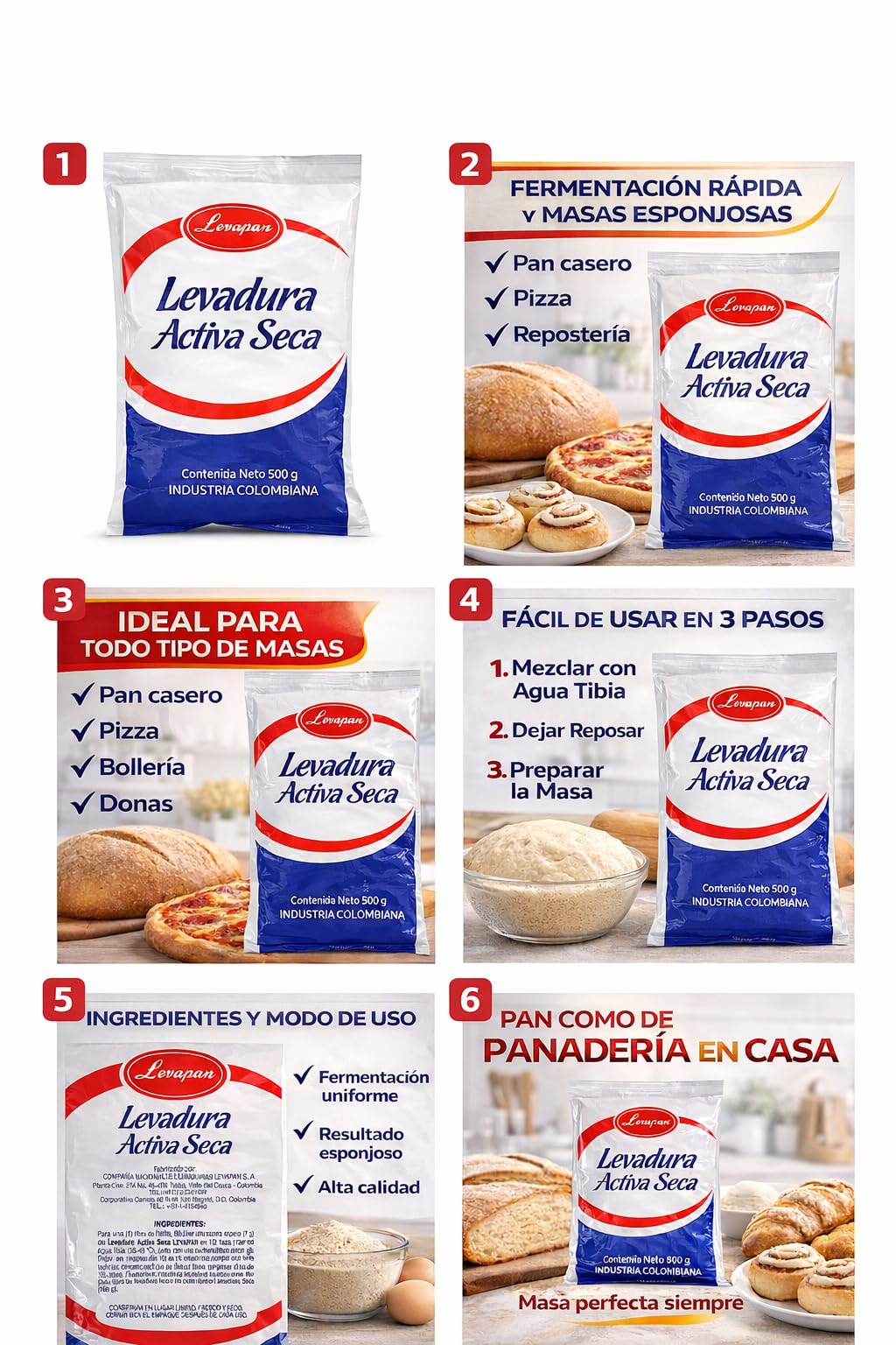 Levadura Activa Seca Levapan 500g – Levadura para Pan y Repostería, Fermentación Rápida, Industria Colombiana