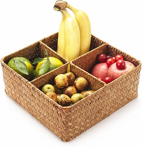 Miniatura 4 de Cesta de almacenamiento tejida de hierba marina con 4 secciones divididas, cesta de mimbre organizadora para encimerasarmarioestanteaparador