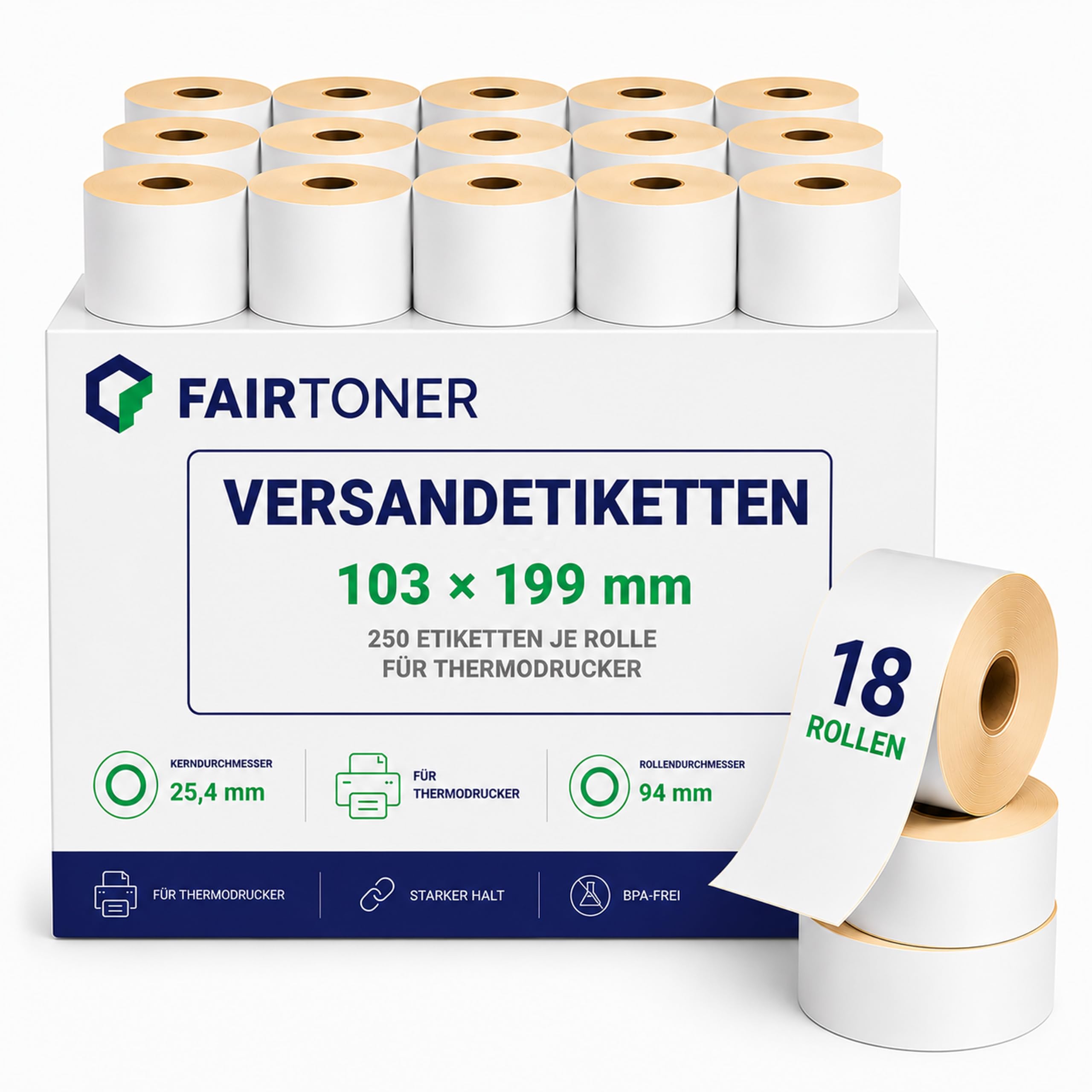 FairToner Versandetiketten Rollen 103x199mm 18 x 250 Label Thermodirekt | 4500 Etiketten, perforiert, Kern 25,4mm, BPA-frei, permanent haftend, kompatibel Zebra/TSC/Godex, Common Labels 910-300