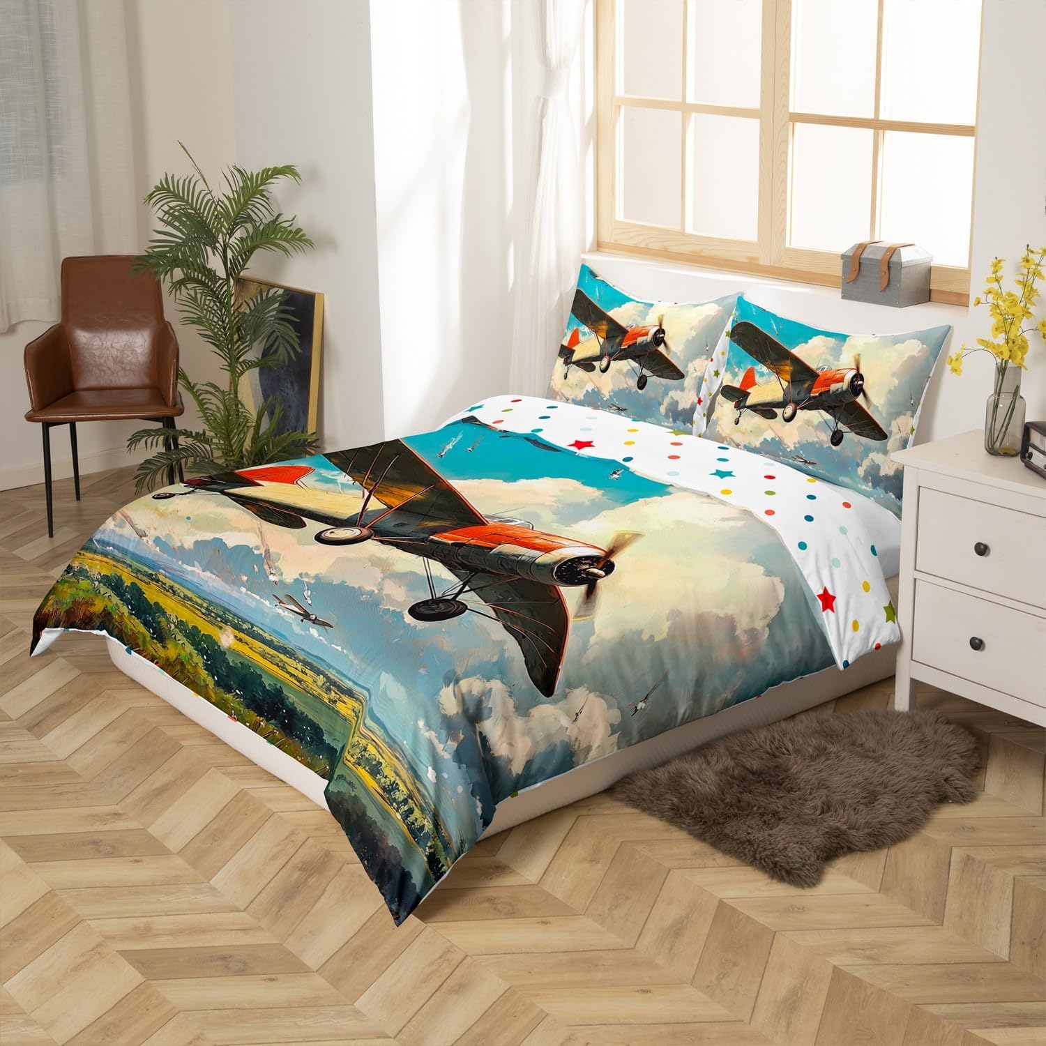 Vintage Aircraft Duvet Cover Toddler Size Modern Flying Airplane Comforter Cover for Boys Kids Blue Sky Clouds Bedding Set Aviation Plane Breathable 2 Pieces Decorative Bed Cover(No Comforter)