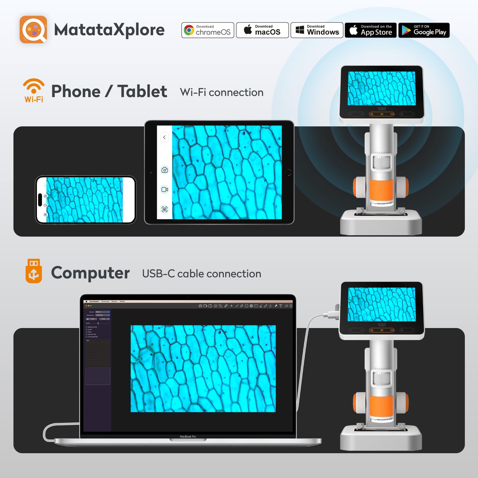 MatataStudio MX2-AS 4,3" Digitales Mikroskop 2-in-1 1600x 1080P HD WiFi USB Tragbares Handmikroskop