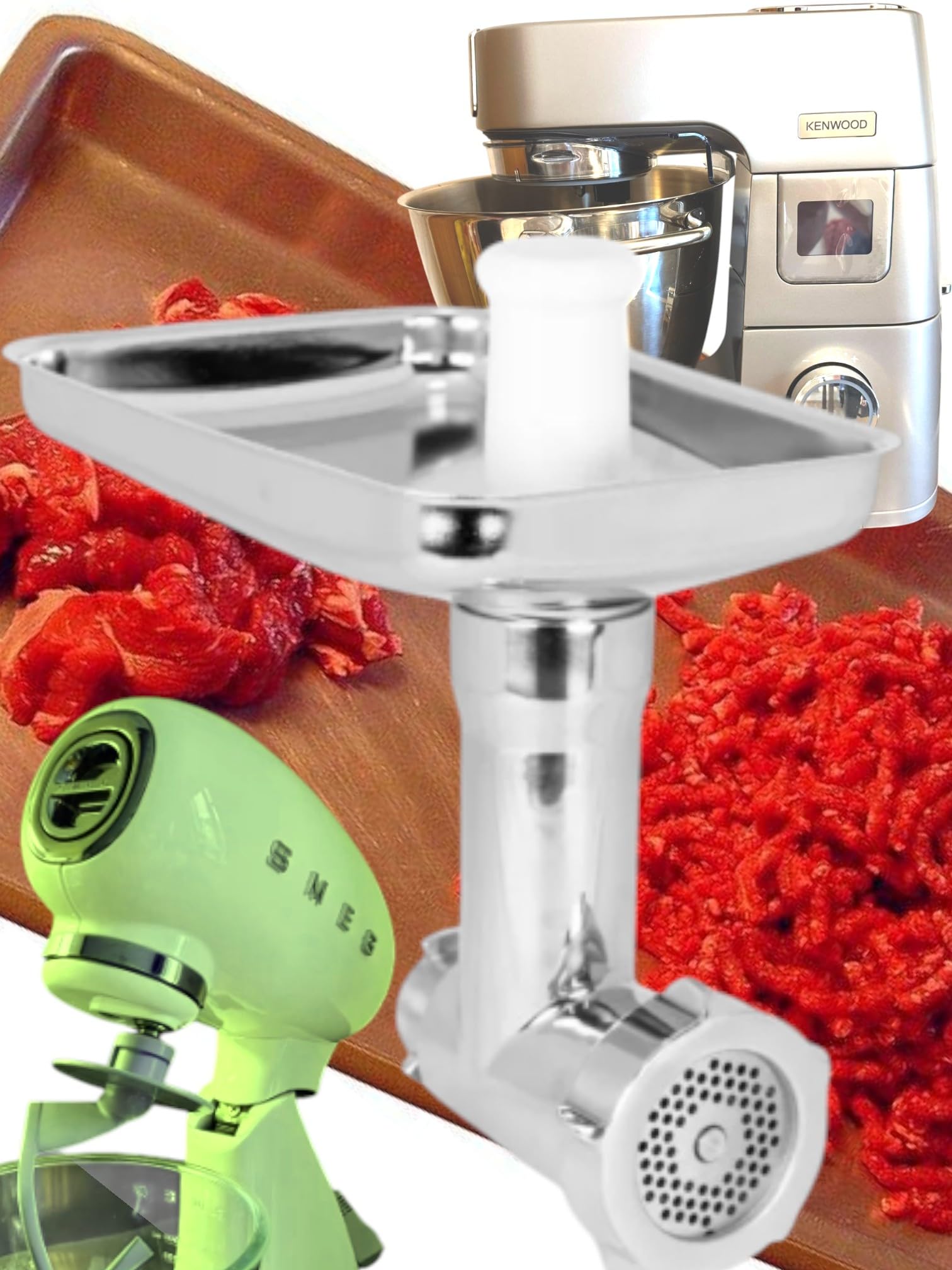 MESSERSCHMIDT FLEISCHWOLF ZU SMEG & KENWOOD TWIST GRÖSSE 5 AUS EDELSTAHL SET MIT 4 LOCHSCHEIBEN + SPRITZGEBÄCK + WURSTFÜLLER + BÜRSTE