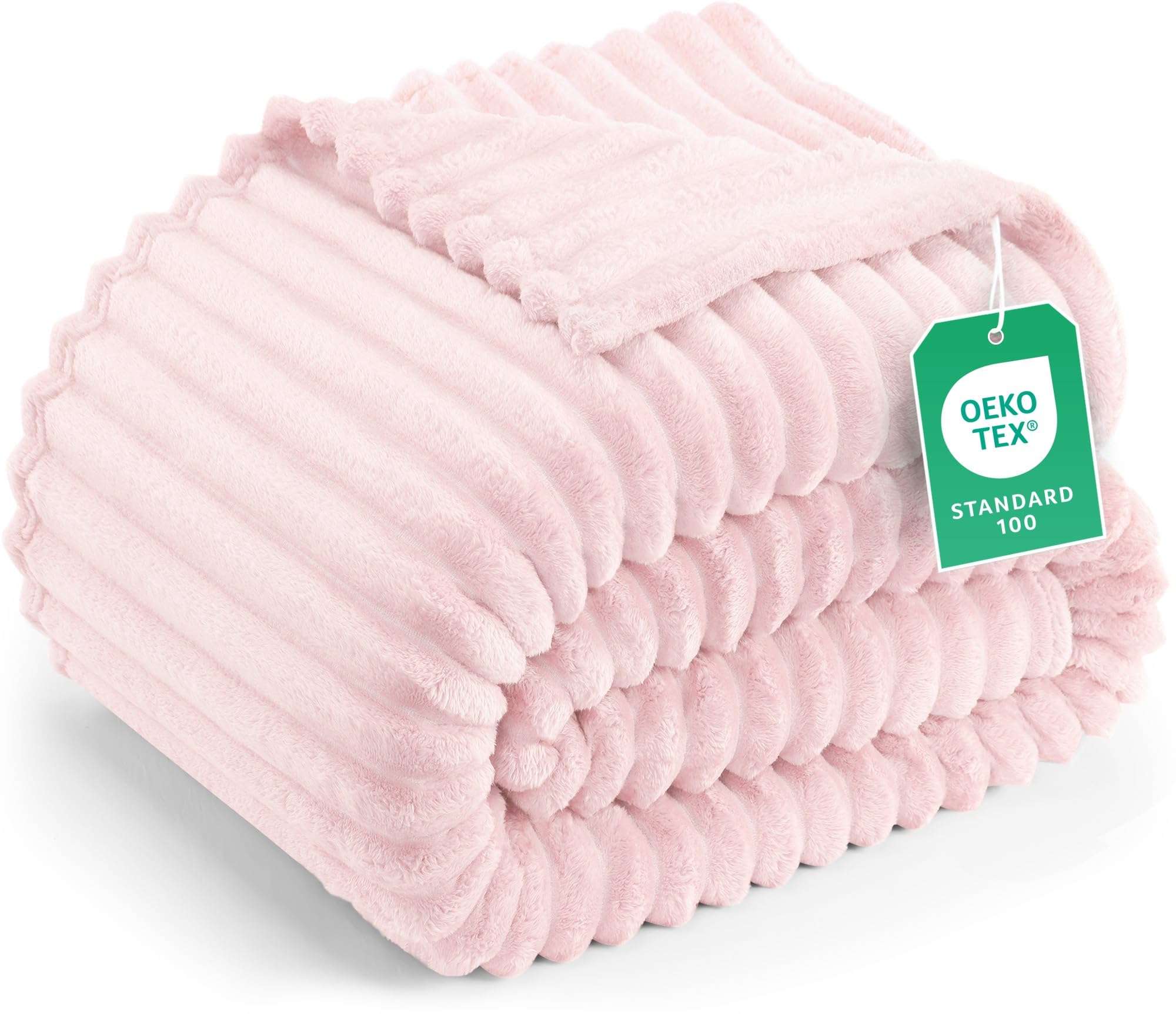 bedding pink striped fleece blanket queen size – fluffy, warm & lightweight ribbed throw for bed, sofa & chair - soft cozy blanket for home décor & gifting (90x90 inches)