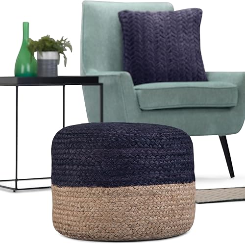 Miniatura 4 de SIMPLIHOME Lydia Puf redondo – 18 pulgadas de ancho trenzado a mano otomano de yute en azul marino y natural, taburete bohemio o asiento adicional