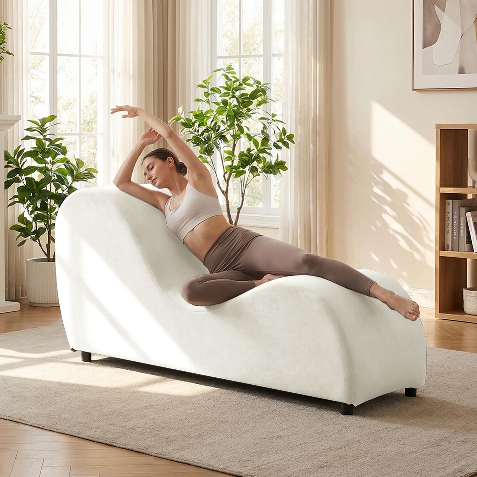 Mjkone Velvet Yoga Chaise Lounge Chair for Indoor, Beige