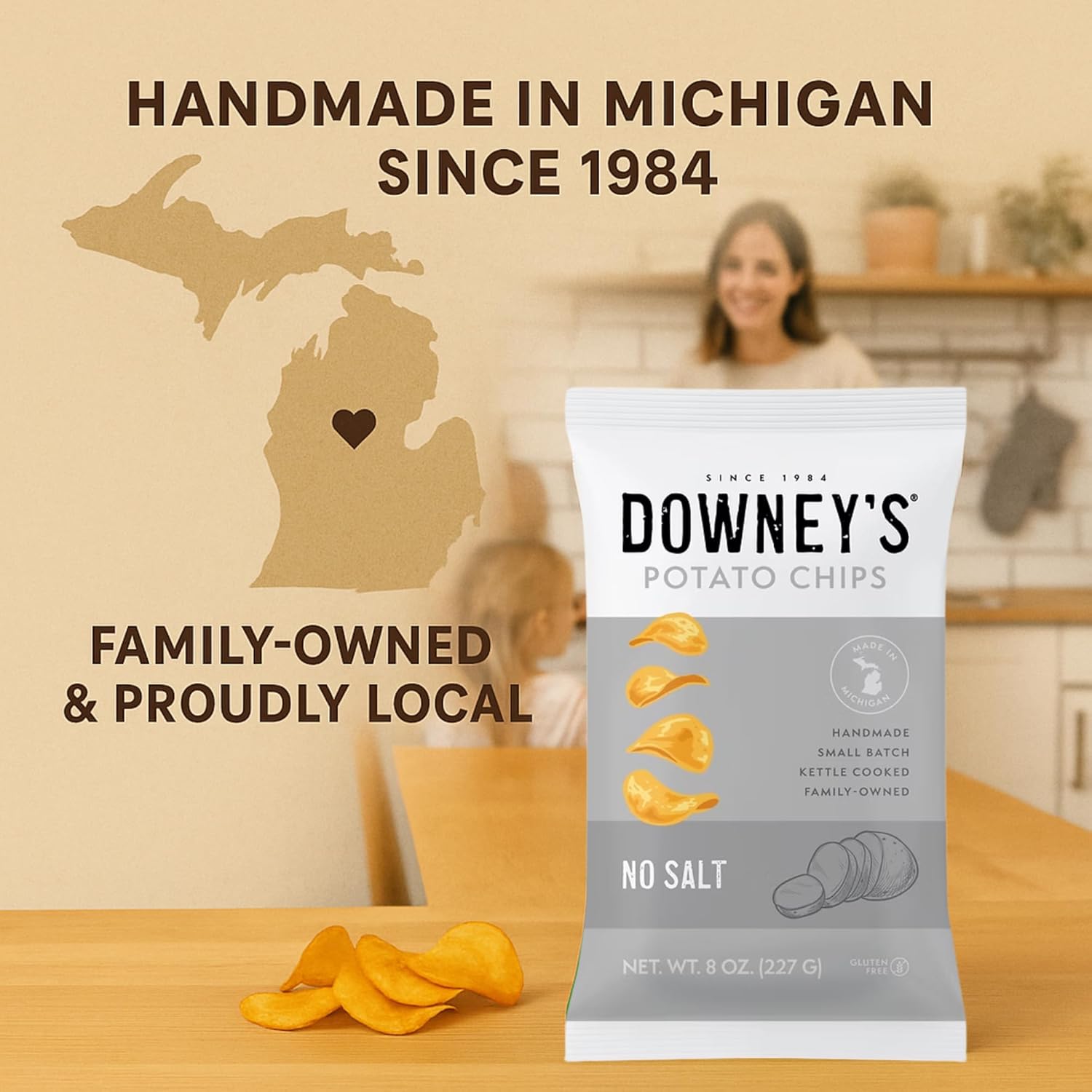 Downey’s Potato Chips, No Salt Kettle-Cooked Potato Chips, Handcrafted Snack, Small-Batch, Light and Crispy, Gluten-Free, Made in Michigan (8oz, 3-Pack)