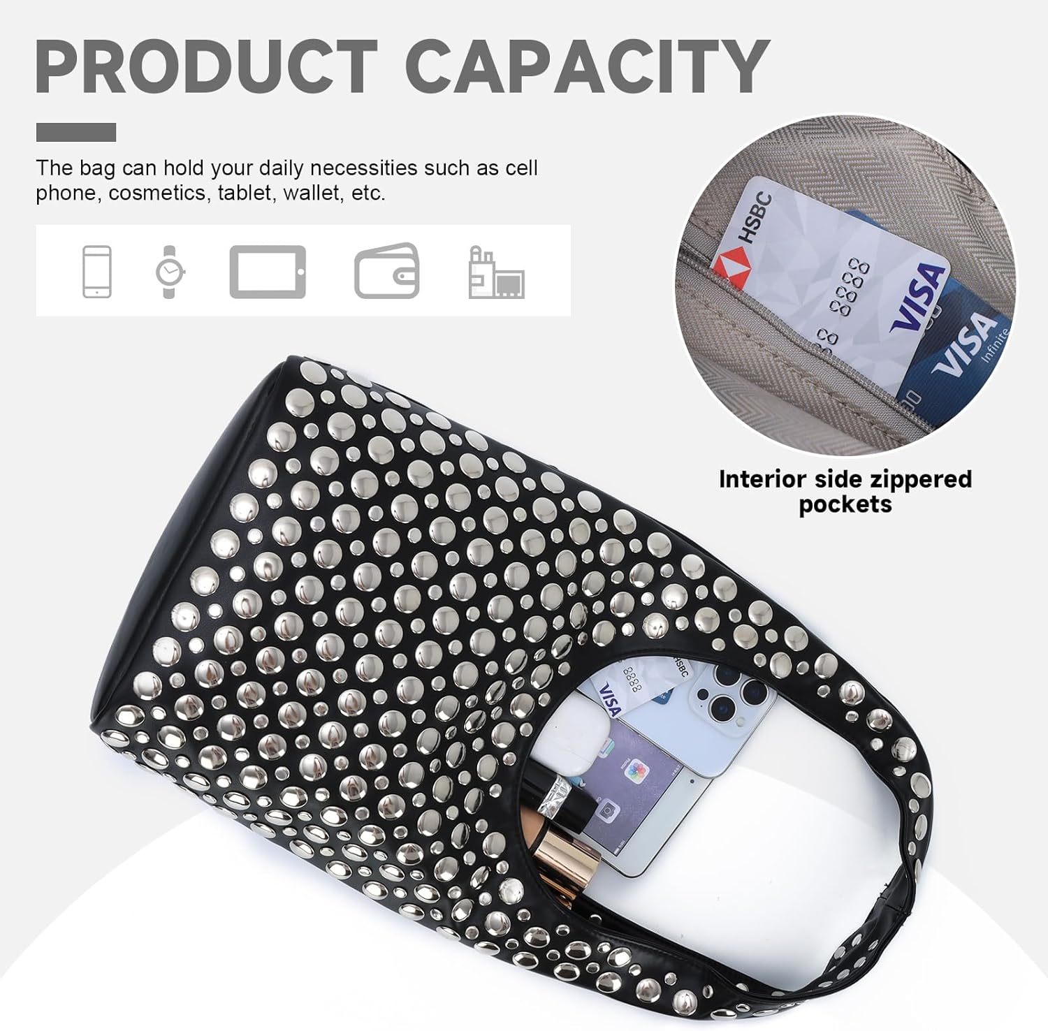 GOKTOW Trendy Y2K Studded Vegan Leather Tote Bag - Rivets Bucket Shoulder Handbag for Daily & Party