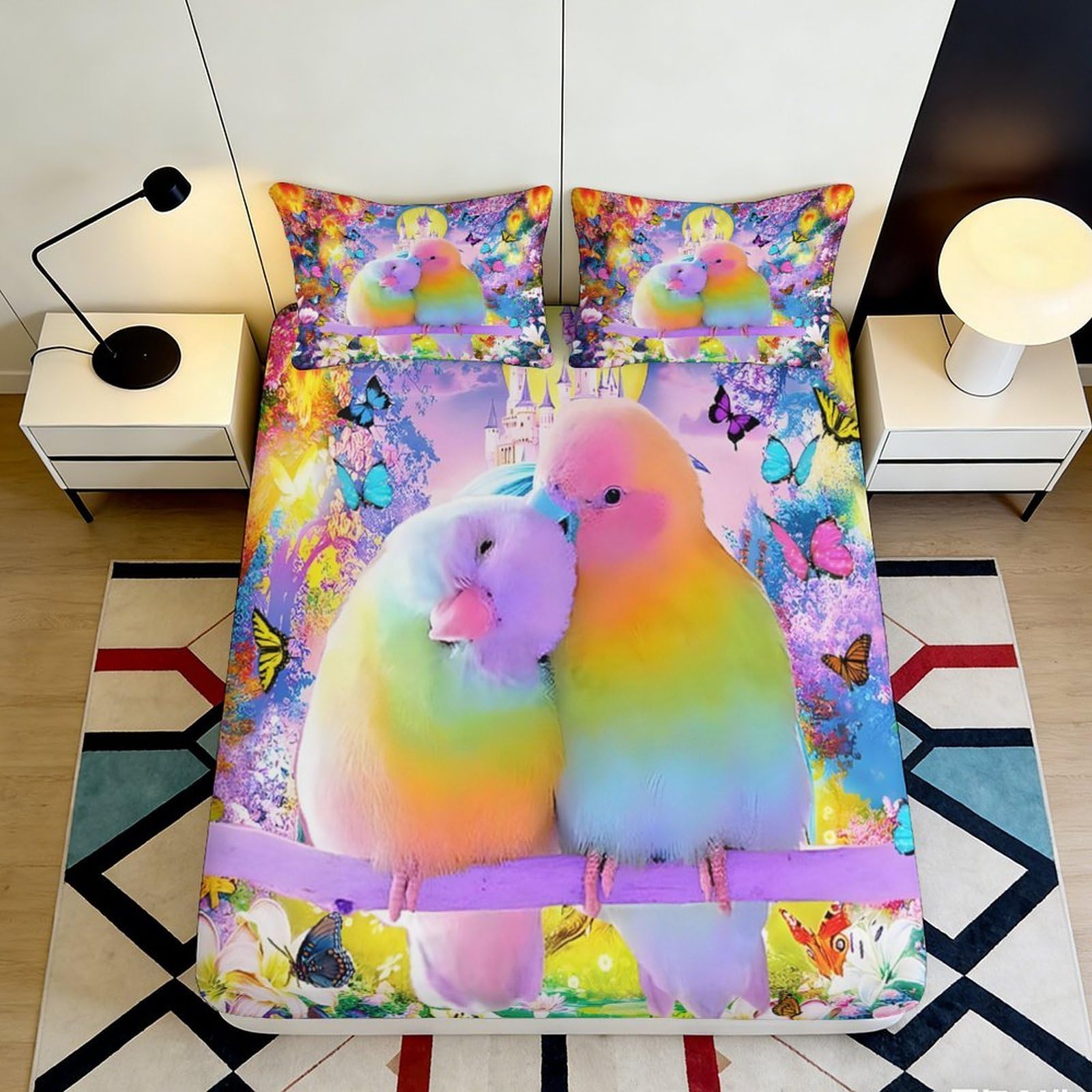 3D Printed Rainbow Lovebirds Fitted Sheet Microfiber Soft Colorful Butterfly Mattress Cover Bedroom Decor 200x200x25cm