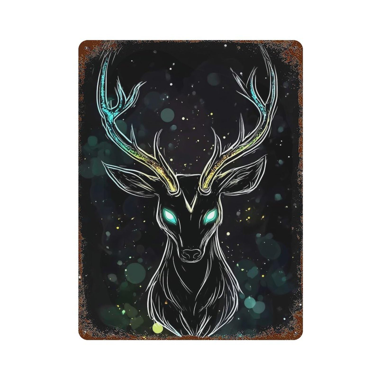 Decorative Tin Sign with Mystical Deer with Glowing Antlers Design 15.7"x11.8", for Farmhouse, Kitchen And Entryway Decor, Old School Wall Decor