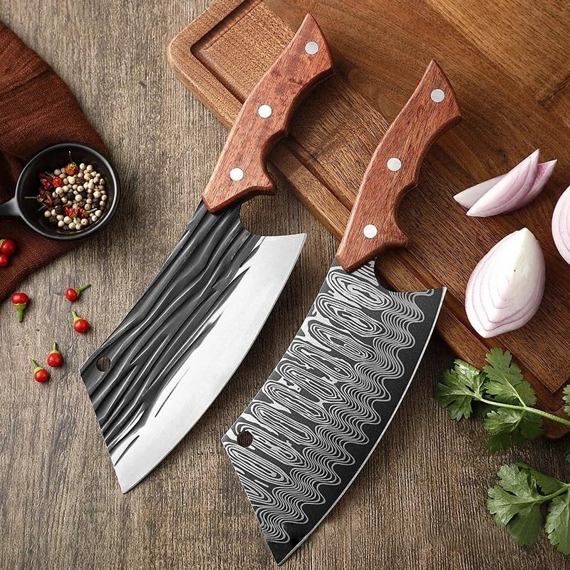 Meat Cleaver,Cleaver Knife 7.1 Inch Forged Kitchen Chef Knives Laser Pattern High Carbon Clad Steel Meat Fish Fruit Vegetables Slicing Butcher Cleaver Knife (Color : Forged Knife)