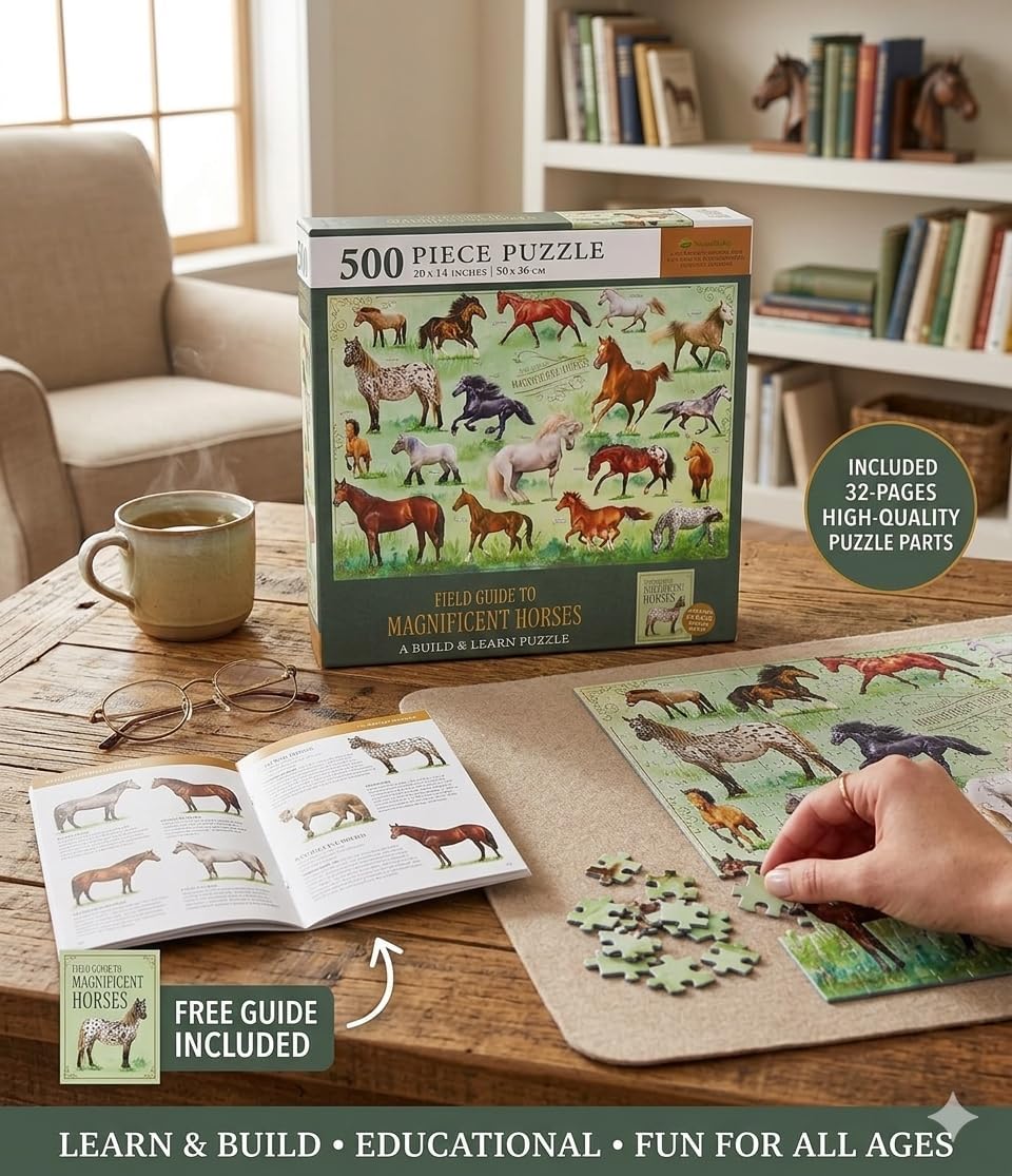 500 Piece Jigsaw Puzzle for Kids & Adults - Magnificent Horses - 20" x 14" - Includes 32 Page Pocket Guide - Detailed Painted Artwork for Fans of Animals - Gift for Boys, Girls, Men, Women, Teens