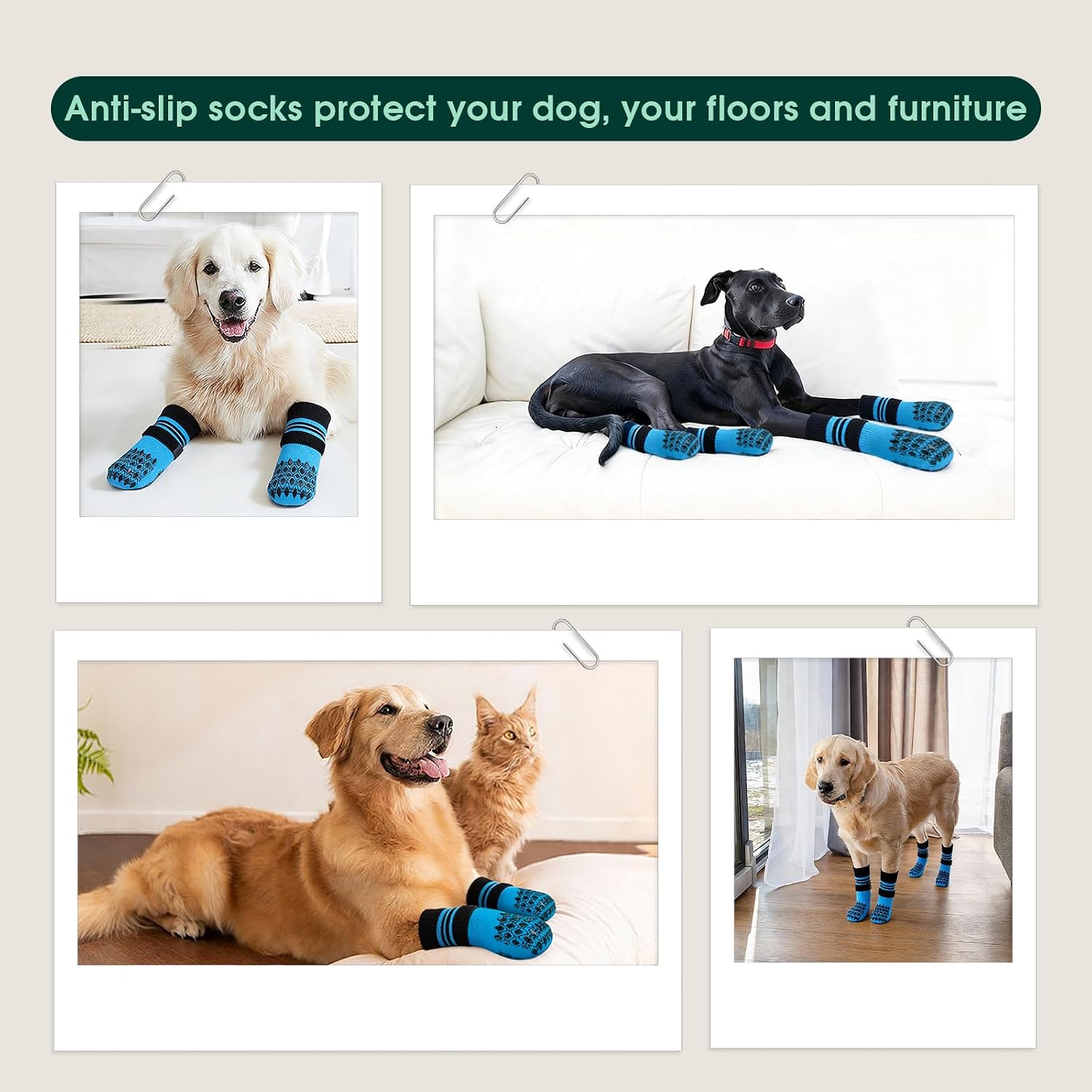 Kuoser Non Slip Dog Socks for Hardwood Floors,4Pack Anti-Slip Dog Grippy Socks to Prevent Licking Paws,Dogs Booties Paw Protectors with Double-Sided Traction for Small Medium Large Senior Dogs,Blue M