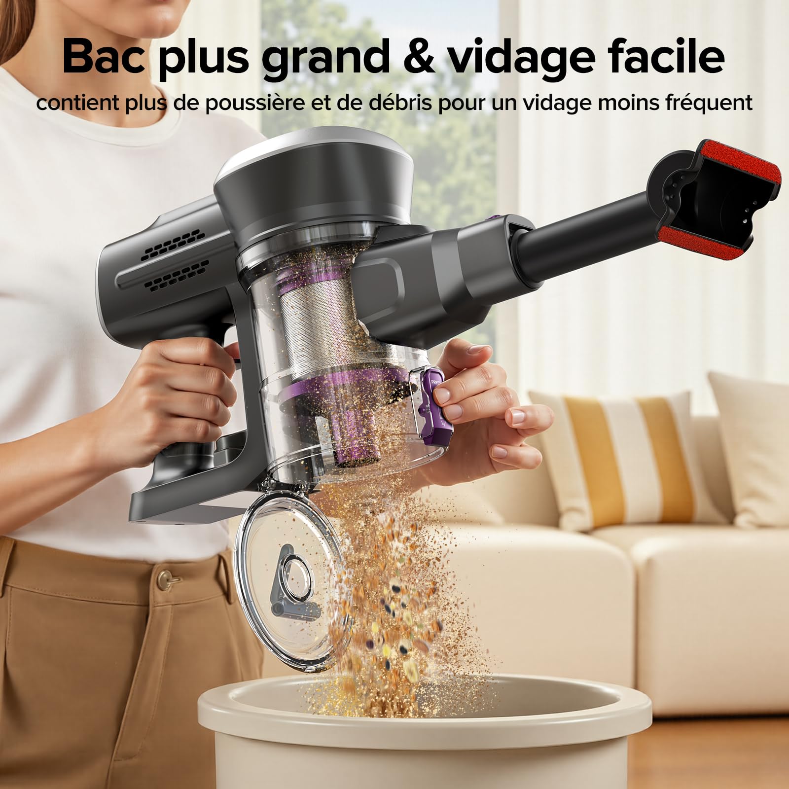 Lubluelu Aspirateur sans Fil 400 W, Puissance d'aspiration 45 000 Pa, autonomie de 50 Min, Brosse Anti-emmêlement et 2 filtres, aspirateur sans Fil pour sols durs, Tapis et Poils d'animaux, Noir