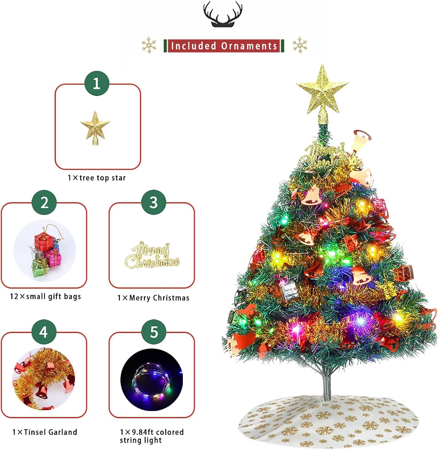 Mini Christmas Tree, 24"/60cm Tabletop Artificial Christmas Tree with Ornaments & LED String Lights, Small Desktop Xmas Tree with Tree Skirt for Room and Office