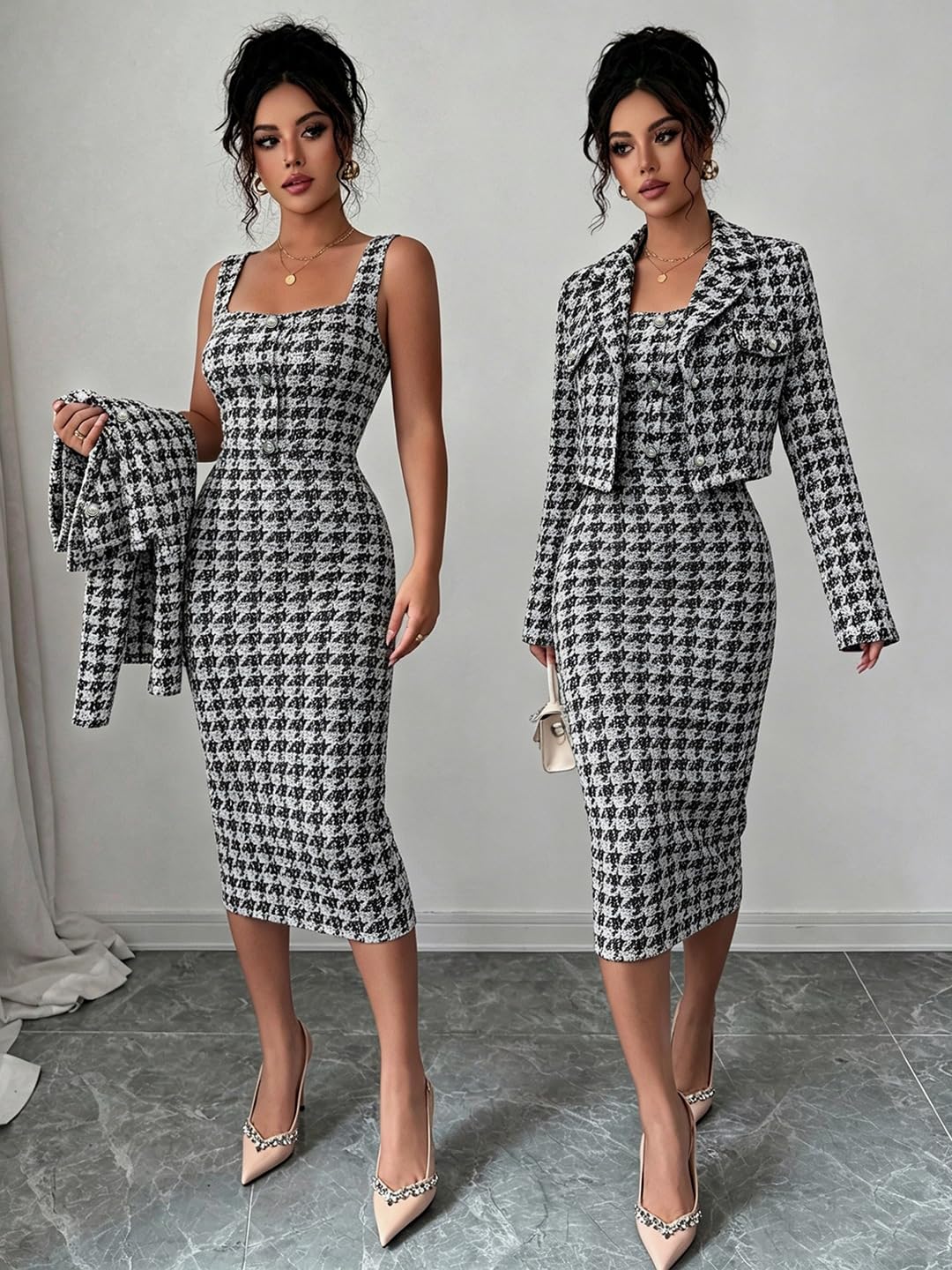 Zweiteiliges Tweed Outfit Für Damen Kurzer Blazer Und Figurbetontes Midikleid Elegantes Hahnentrittmuster Formelles Outfit Für Damen Ideal Für Hochzeiten Partys Und Büro