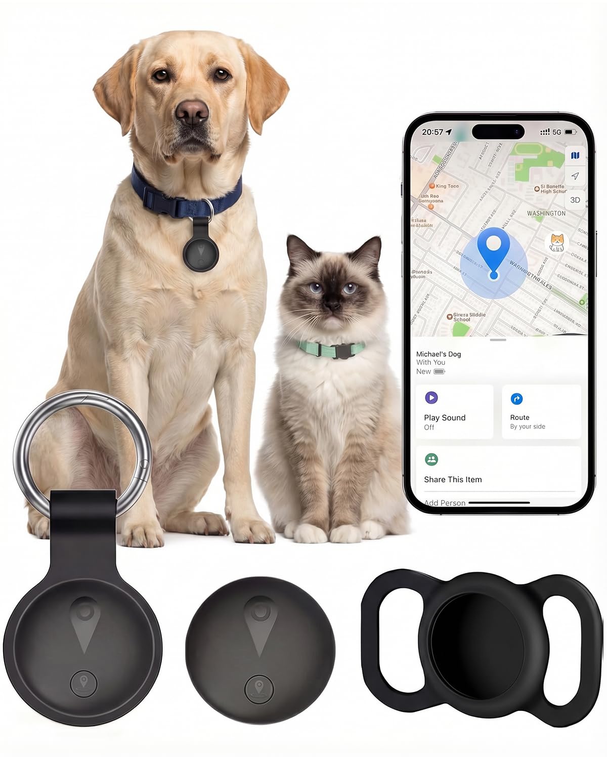 Localizzatore GPS per cani, Smart Dog Tracker con posizione in tempo reale, per Android e iPhone, senza canone mensile e senza scheda SIM, localizzatore di posizione per animali domestici con supporto