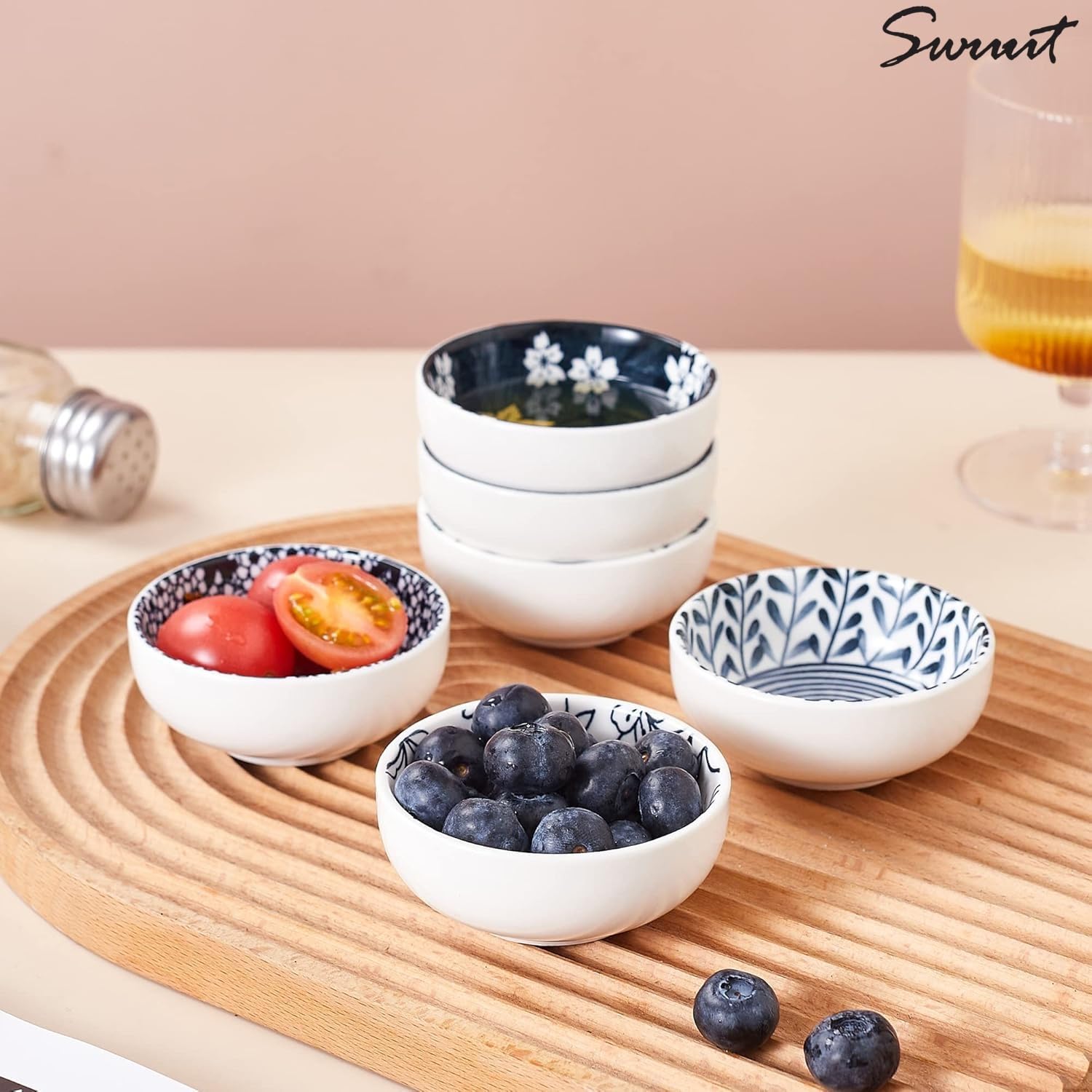 Set di 6 ciotole in ceramica in stile giapponese, 7,6 cm, piccole ciotole per salse, sushi, snack e soia, barbecue, 70,9 g, blu e bianco, per preparare la cucina, set da 6 (7,6 cm)
