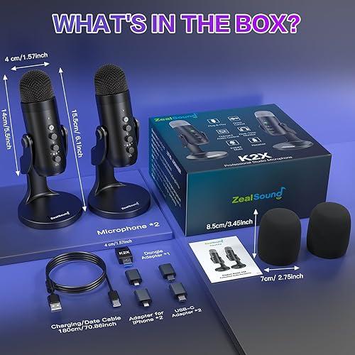 Miniatura 7 de ZealSound Paquete de micrófono inalámbrico, micrófono USB dual para iPhone, PC, iPad, teléfono Android, condensador inalámbrico de escritorio con