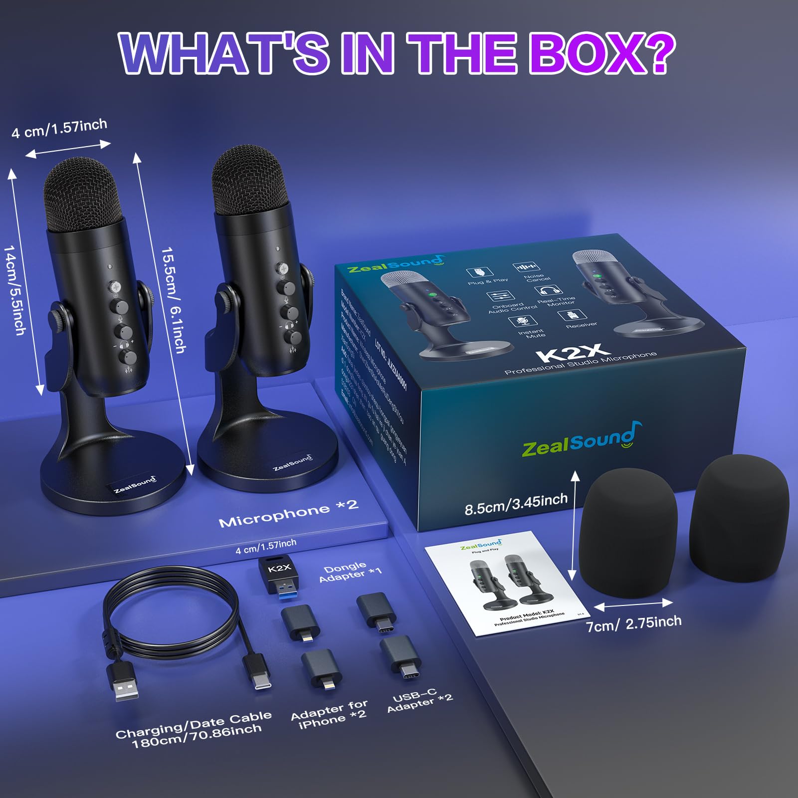 zealsound Profesjonalny zestaw mikrofonów pojemnościowych USB, dwupak, czarny