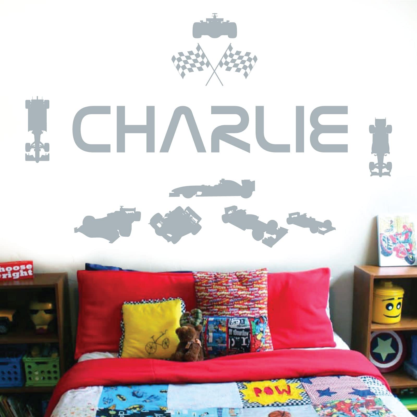 Personalised Name Children Wall Art Sticker - Racing Driver Formula 1 Cars Sport [Medium] [Silver]
