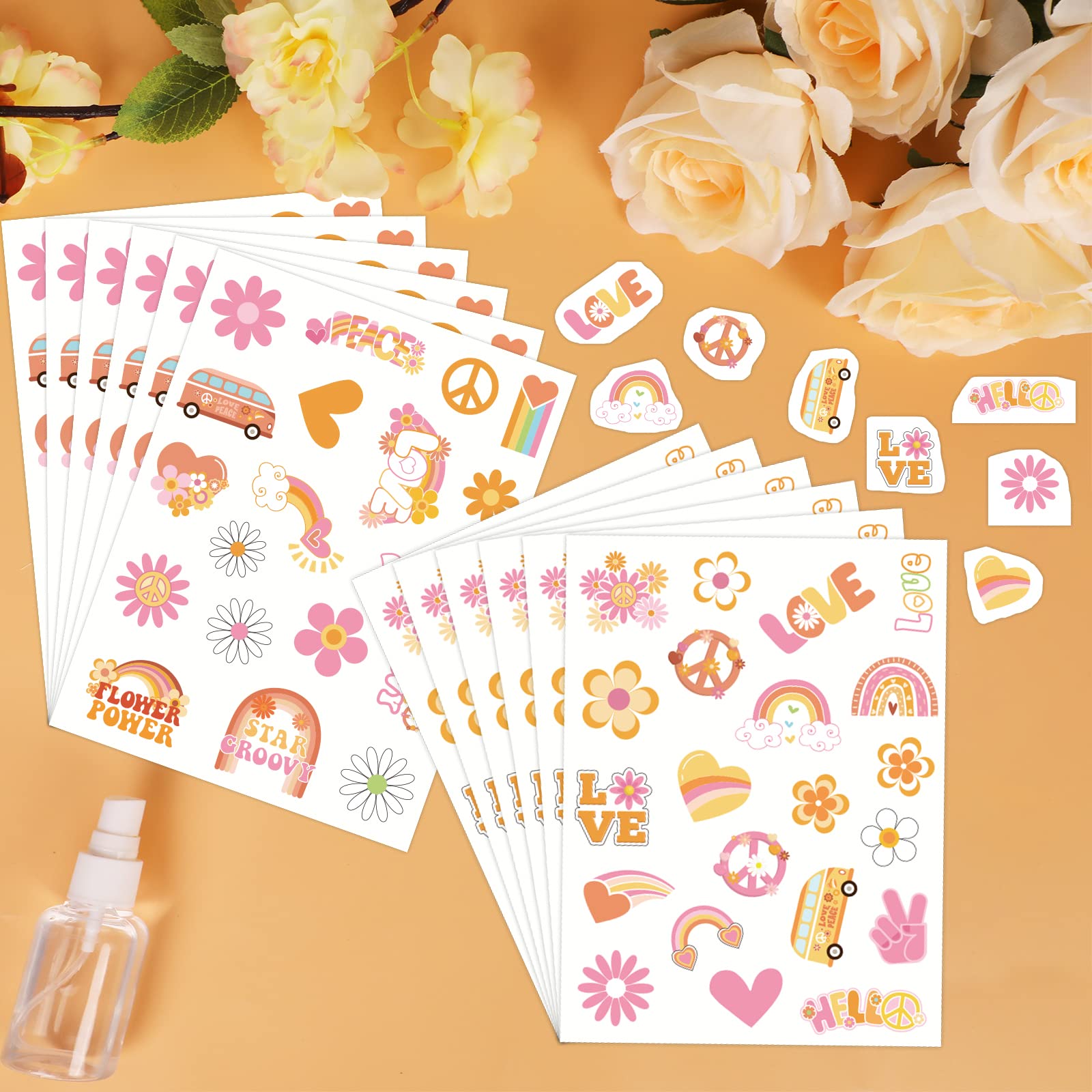 Konipl 280Pcs Hippie Theme Temporary Tattoos Stickers 70's Theme Tattoos Stickers Hippie Face Body Stickers For Adults And Kids Cute Cartoon Printing Hippie Theme Assorted Groovy Party Supplies