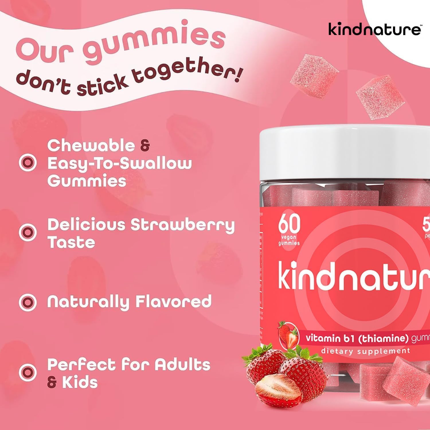 kindnature Vitamin B1 Gummies 500mg – High Potency Thiamine Supplement for Energy, Focus & Nervous System – Vegan, Non-GMO Chewable B1 Vitamins for Adults & Kids – Natural Strawberry Flavor – 60 Ct - Image 5