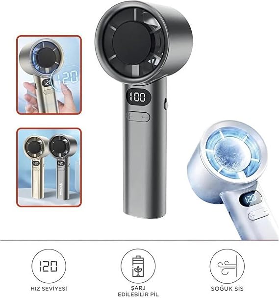 Coverzone 16cmx6cm Mini Küçük El Fanı Taşınabilir Şarjlı Dijital Göstergeli Ayarlanabilir 120 Hız Kademeli Taşınabilir Soğutucu Fan Usb-C Şarjlı Masaüstü Seyahat Ofis Kamp Için Vantilatör FZM-01