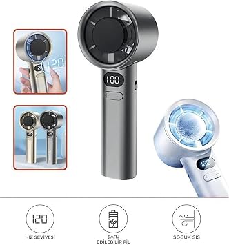 Coverzone 16cmx6cm Mini Küçük El Fanı Taşınabilir Şarjlı Dijital Göstergeli Ayarlanabilir 120 Hız Kademeli Taşınabilir Soğutucu Fan Usb-C Şarjlı Masaüstü Seyahat Ofis Kamp Için Vantilatör FZM-01