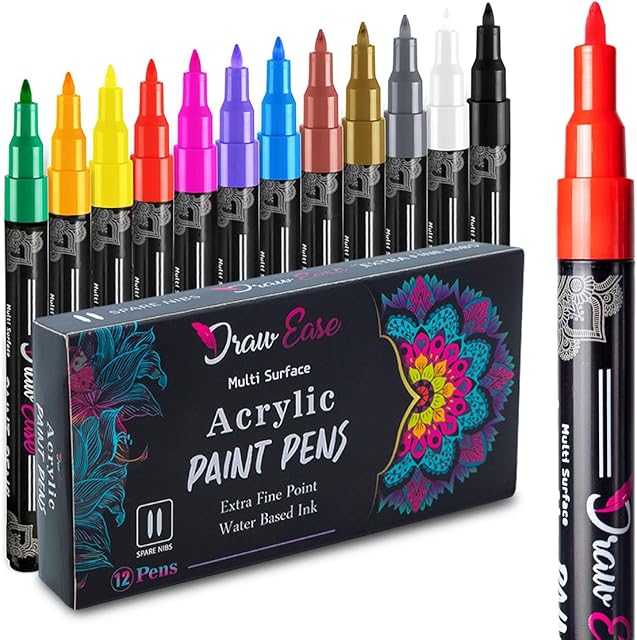 Draw Ease Acrylic Paint Pens Set of 12 Colours, 0.7mm Tip Glass Pens with Extra Fine Point & Water Based Ink - Acrylic Pens Suitable for Porcelain, Wood, DIY Craft, Mug Design, Rock Painting & Ceramic