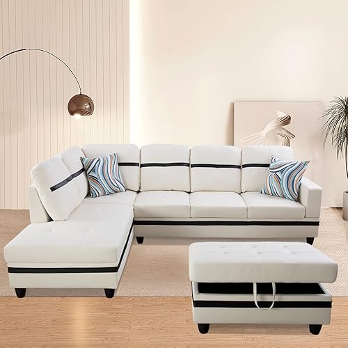 103" Wide Faux Leather Sectional Sofa Set 3 Pieces L-Shaped Couch and Chaise with Extra Storage Ottoman for Living Room/Office/Apartment (Left-Hand Facing, Ivory White)