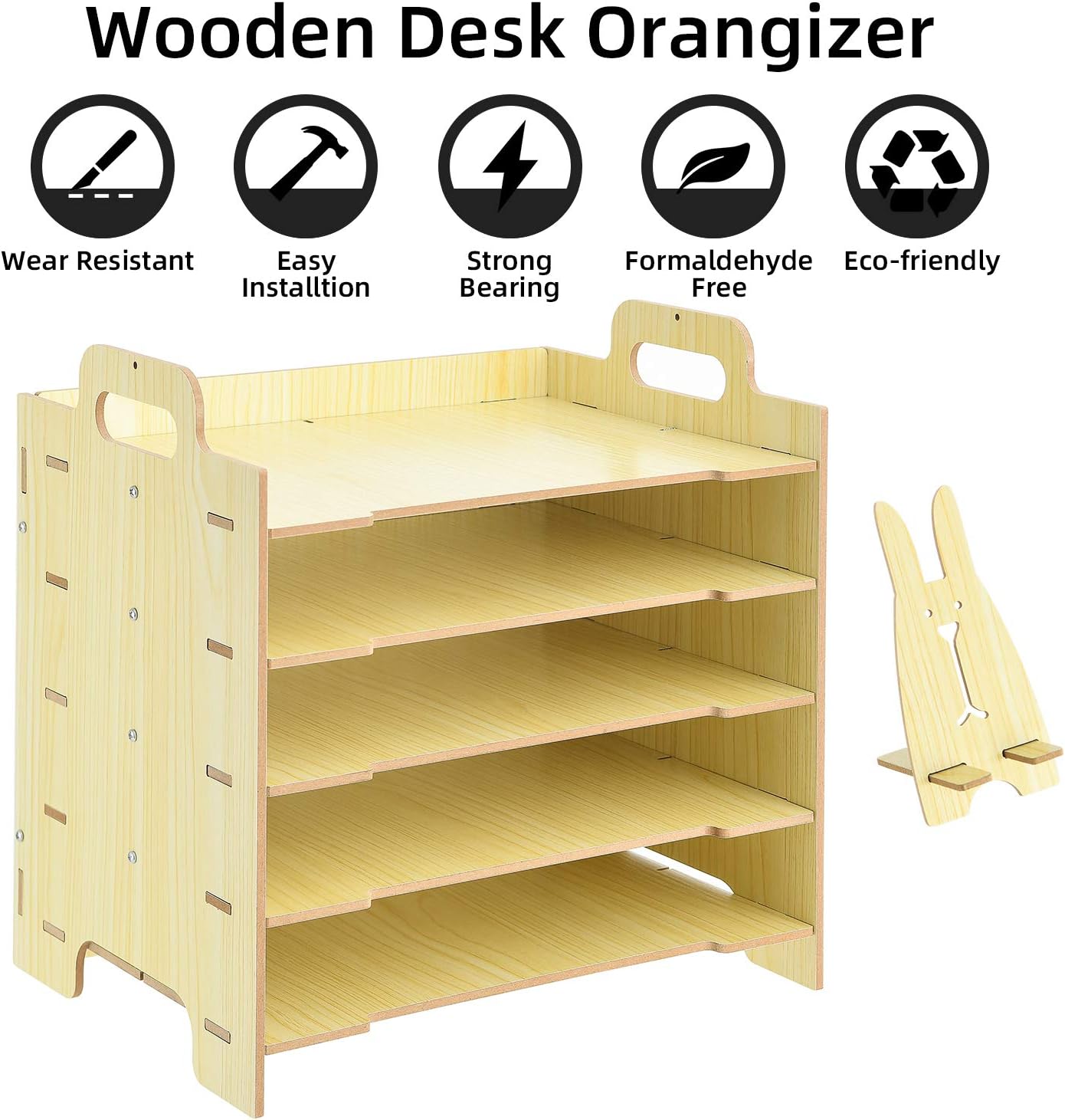 Marbrasse 5 Trays Wooden Desk File Organizer, Document Mail Paper Organizer Sorter Letter Tray Storage Shelf Sorter for Office Home Supplies (White Maple) : Office Products