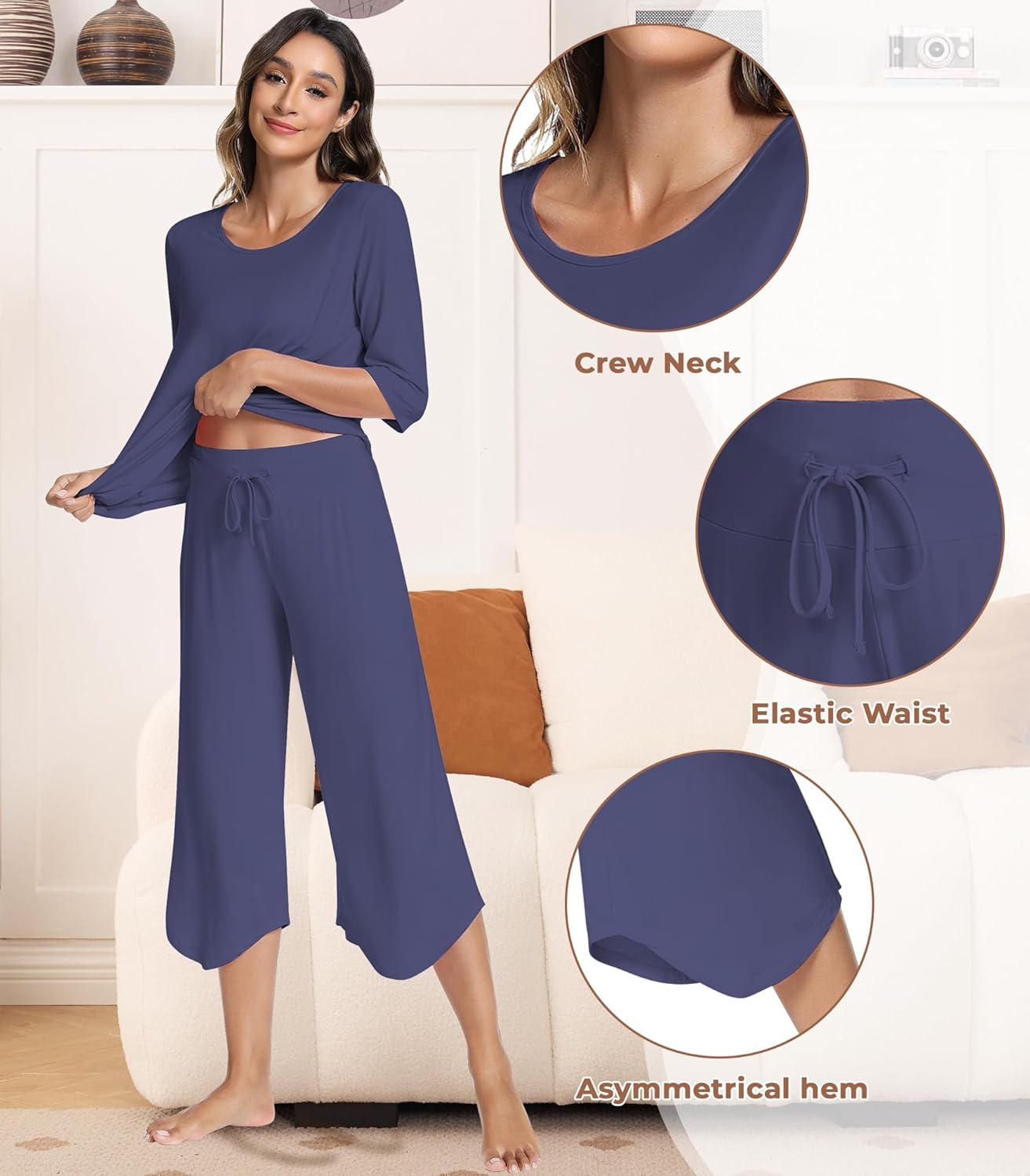 NACHILA Pajamas for Women-Viscose Made from Bamboo, Soft 3/4 Sleeve Pjs Summer Capri Pants Pajamas Set Cooling Sleepwear - Image 4