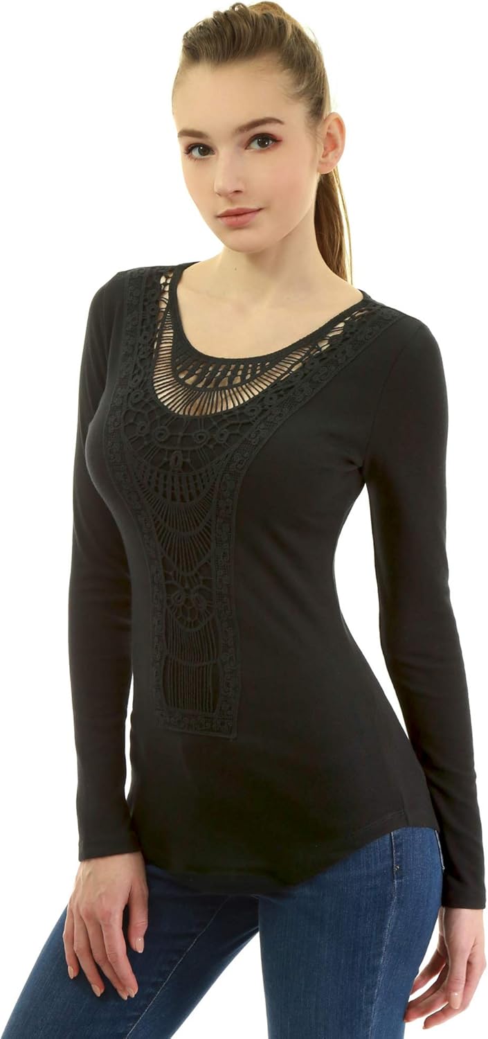 AmélieBoutik Women Cotton Blend Crochet Lace Inset Curved Hem Blouse