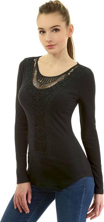 AmelieBoutik Women Cotton Blend Crochet Lace Inset Curved Hem Blouse