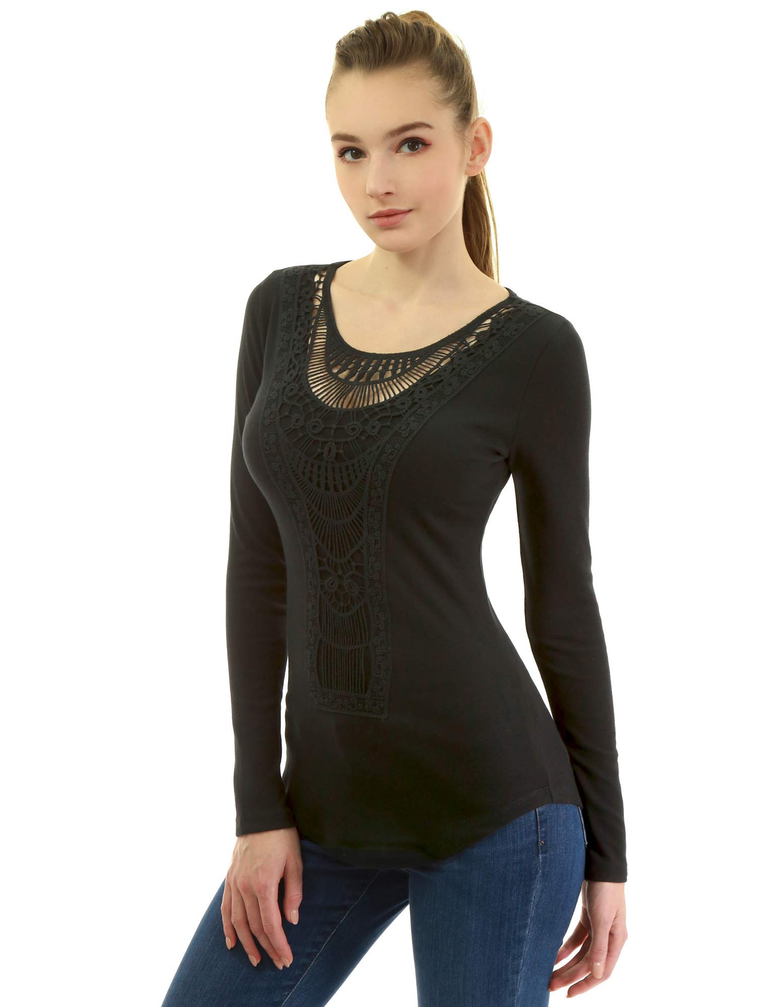 AmélieBoutik Women Cotton Blend Crochet Lace Inset Curved Hem Blouse, Black, Medium