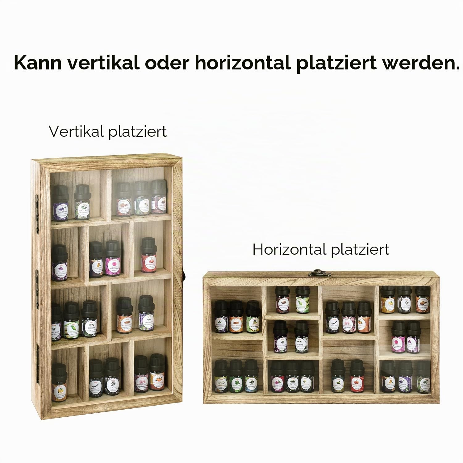 Ikee Design Vitrine aus Holz mit aufklappbarer und klarer Tischplatte aus gehärtetem Glas, Wandmontage, 10 Fächer, Aufbewahrungsbox für Minifiguren, Sammlungen, ätherische Öle, Eichenfarbe