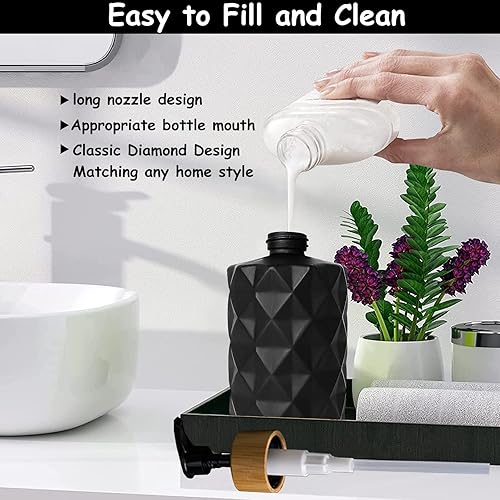 Miniatura 3 de Juego de dispensador de jabón de vidrio negro con bomba de bambú, jabón líquido recargable de 12 onzas, dispensador de loción para decoración