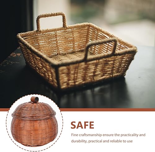 Miniatura 3 de Cabilock Cesta de mimbre para calabaza con tapa, organizador de almacenamiento de ratán redondo pequeño para el hogar, cocina, soporte para huevos
