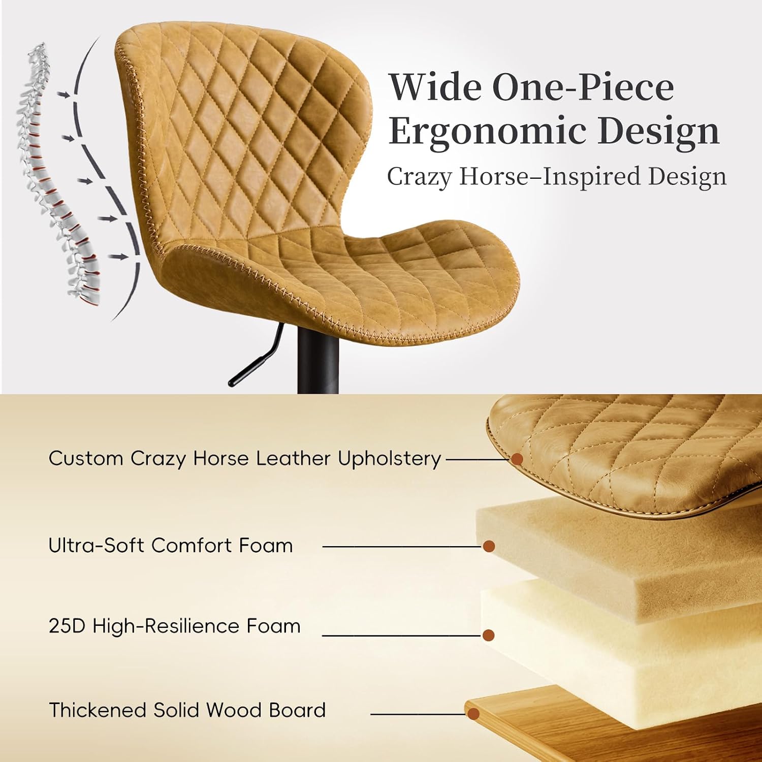 AEDI Swivel Bar Stools Set of 2 for Kitchen Counter，Adjustable Counter Height Upholstered Bar Chairs with Back，Faux Leather & Handcrafted Heavy Stitching Barstools for Dinning Room,Bar, Yellow Brown